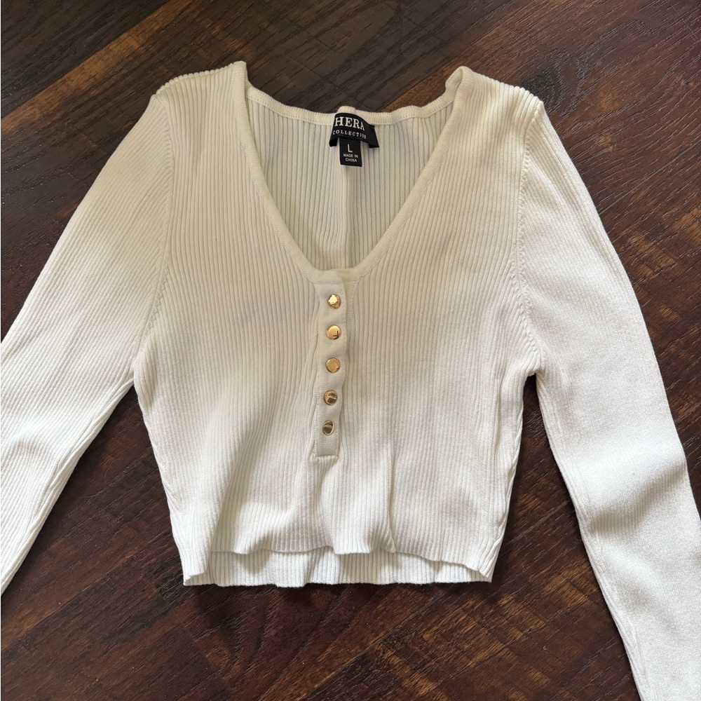 Hera Collection Cream Ribbed Button-Up Crop Top